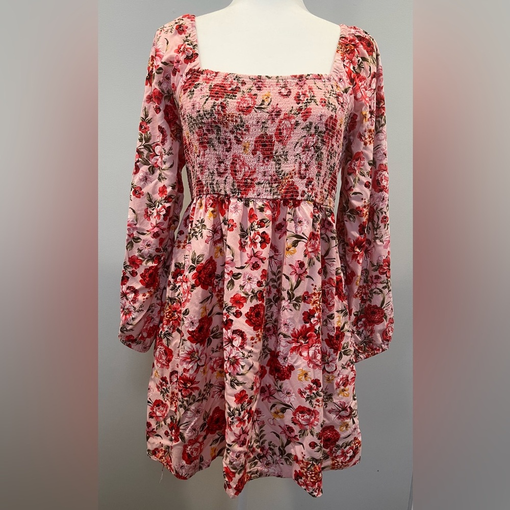 Old Navy Red and Pink Mini Sundress with Bishop Sleeves